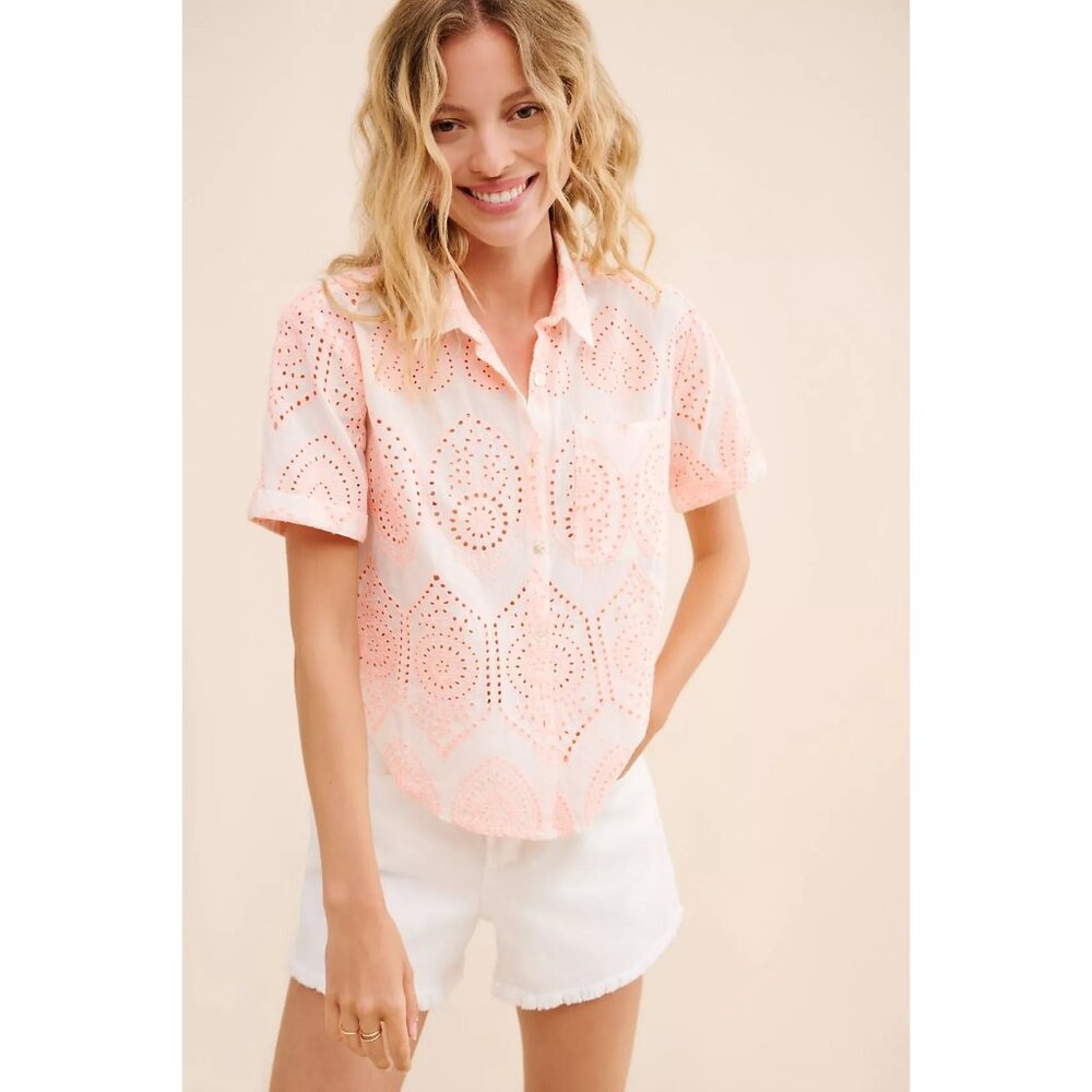 Eyelet Button-Front Camp Shirt - Light Pink